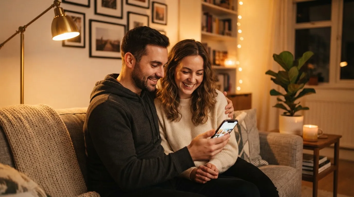 Junges Paar sitzt lächelnd auf einem Sofa und schaut gemeinsam auf ein Smartphone, warmes Licht.